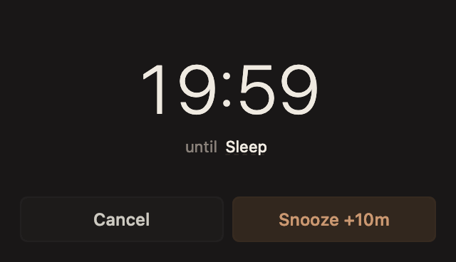 Drift panel showing an active 19-minute Sleep countdown with Cancel and Snooze buttons